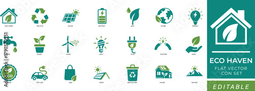  Eco Haven Home and Green Energy Icon Set featuring solar panels, trees,  Battery, Leaf, Energy, Water, Plant, Wind, Home, Light, plants, recycling, and renewable energy symbols 
