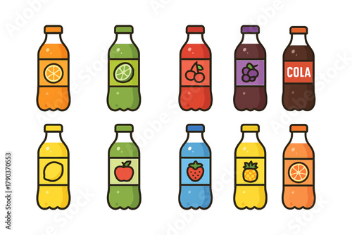 Colorful soda bottles featuring various fruit flavors in a grid layout.