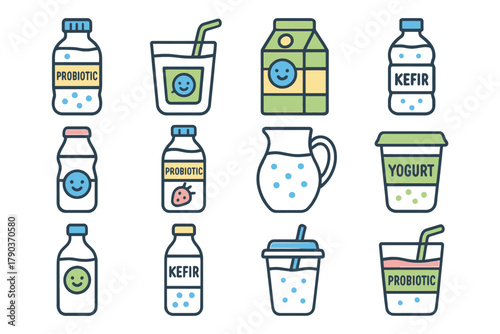 Illustrated collection of probiotic drinks and dairy products.