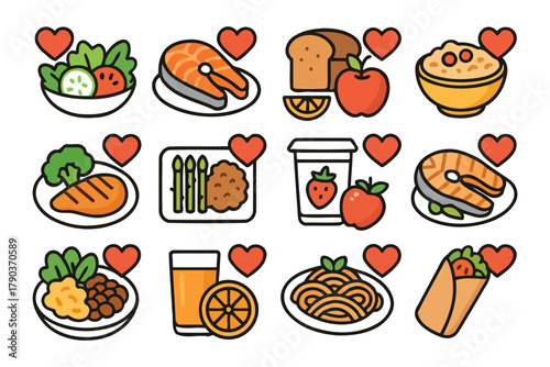 Collection of heart-healthy foods: fruits, vegetables, grains, dairy, and seafood with love symbols.