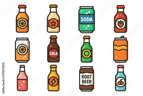 Colorful assortment of beverage icons featuring soda, cola, root beer, and juice bottles and cans.