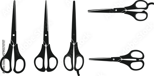 Scissors silhouette set, cutting tool collection, sharp blade illustration, barber shears, household scissors, crafting tool, sewing equipment, black vector design, stationery icon