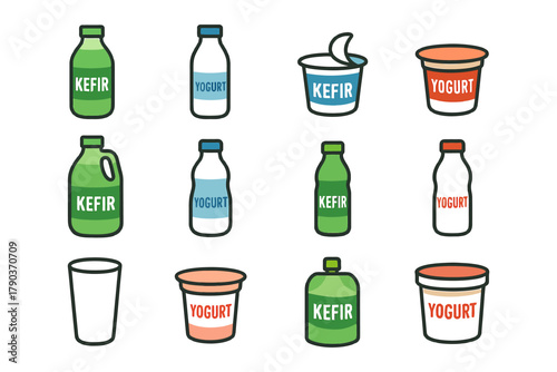 Variety of kefir and yogurt bottles and containers in different shapes and sizes.