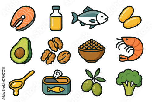 Healthy food icons of fish, nuts, avocado, honey, and vegetables for nutrition and wellness.