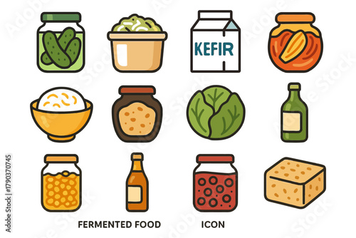 Colorful icons of diverse fermented foods including kefir and pickles.
