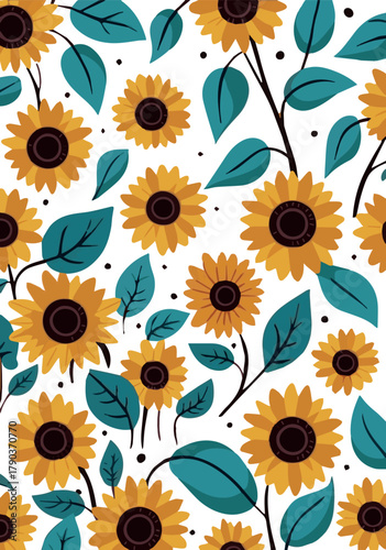 Vibrant sunflower pattern with green leaves and black dots