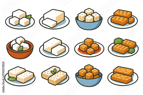 Assorted tofu varieties: bowls of cubes, blocks, and grilled pieces with garnishes.