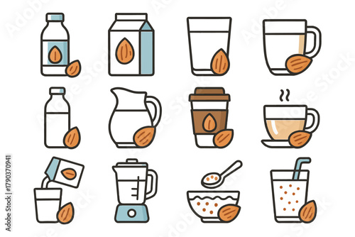Variety of almond milk products and drinks icons.