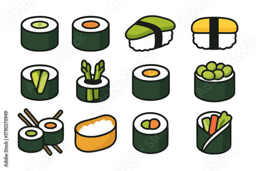 Colorful sushi illustrations: variety of rolls and nigiri with vegetables and fish.