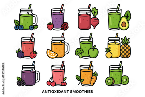 Colorful assortment of healthy antioxidant smoothies with varied fruits and vegetables.
