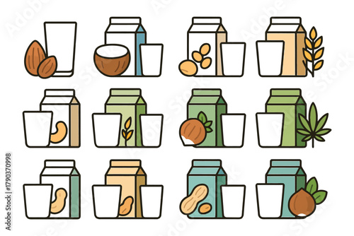 Variety of plant-based milk alternatives with respective ingredients.