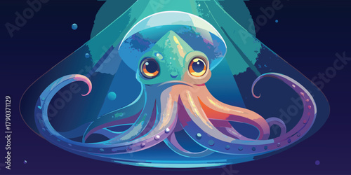 Adorable cartoon glass squid illustration glowing in the dark sea, perfect for kids book design