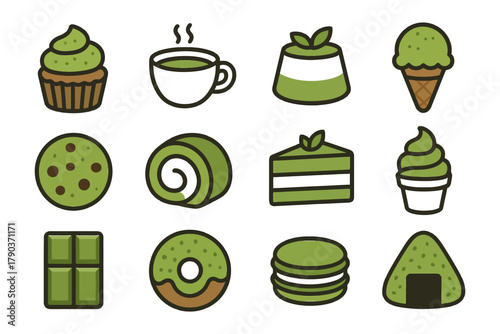 Green tea desserts collection: cupcakes, ice cream, macarons, and more delicious treats.