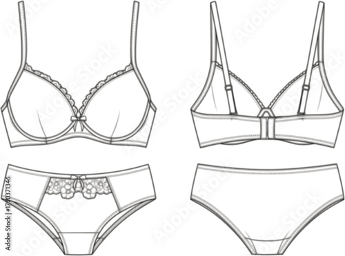 Lingerie set, bra and panty fashion design, underwear technical sketch, CAD drawing, flat vector illustration, intimate apparel template