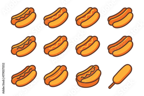 Pattern of cartoon hot dogs with corn dog on white background.