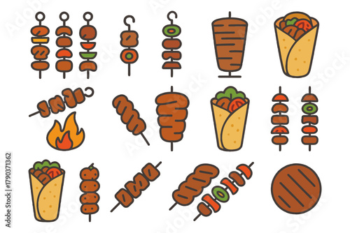 Variety of skewered meats and wraps with grill and fire icon illustrations.
