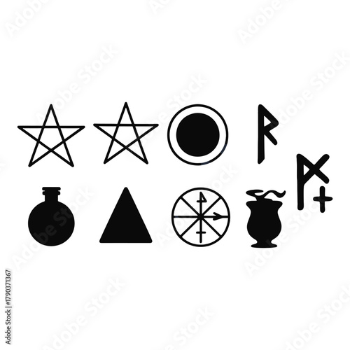 Collection of black occult and mystical symbols including pentagrams triangle circle runes potion bottle and urn