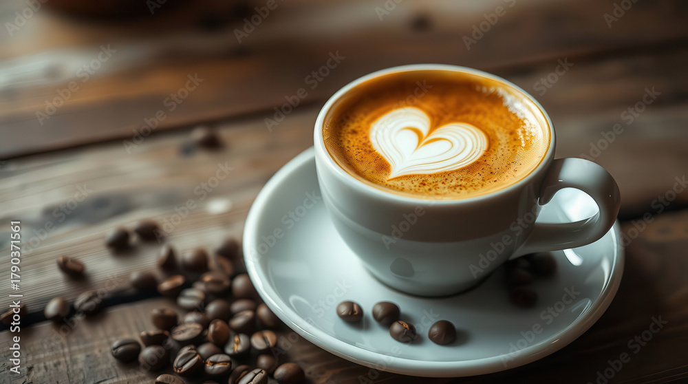 Obraz premium Cappuccino con disegno a cuore nella schiuma e chicchi di caffè su tavolo di legno. Generative AI