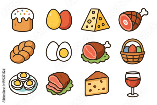Easter food icons: eggs, cheese, ham, bread, wine, and holiday basket illustration.