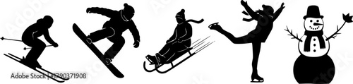 Winter activity silhouette vector illustration, skiing, snowboarding, sledding, skating, snowman building, outdoor fun, seasonal sports clipart, black figures, cold weather recreation
