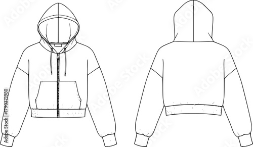 Cropped hoodie technical fashion flat sketch, zip up front view back view line drawing, CAD vector illustration template