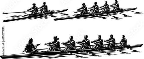 Silhouettes of single, double, quad, and eight-person rowing teams, sculling and sweep boats, competitive crew sport vector illustration, water racing concept