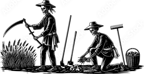 Skeleton farmers in traditional attire, harvesting crops with tools, symbolic agriculture and mortality concept, black and white vintage illustration, cultural farming scene
