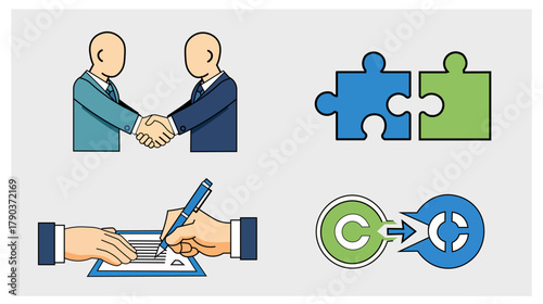 Business Partnership Legal Agreement Contract Signing Icon Set Vector