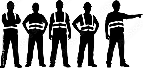 Construction worker silhouettes in hard hats, standing poses, labor safety concept, industrial workforce vector, black isolated figures, team illustration