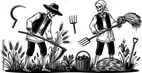 Skeleton farmers in traditional attire, harvesting crops with tools, symbolic agriculture and mortality concept, black and white vintage illustration, cultural farming scene