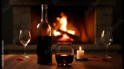 red wine and candle with a bottle and a cozy place in a house with fireplace