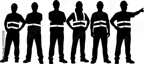 Construction worker silhouettes in hard hats, standing poses, labor safety concept, industrial workforce vector, black isolated figures, team illustration