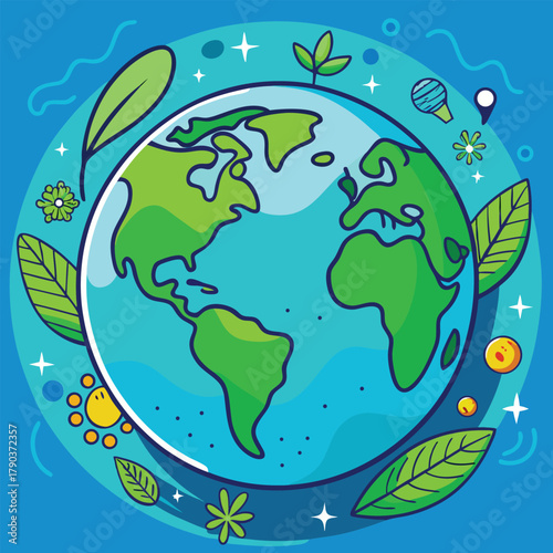 Cartoon Earth with green leaves and sun planet globe