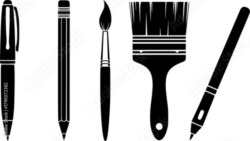 Writing and drawing tool icon set, black and white vector, pen pencil brush stylus, office stationery, sketch equipment, isolated graphic design