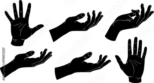 Black silhouette vector illustration of human hands in various open palm gestures, side view, isolated on white background for design, communication, art 