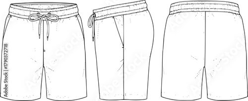 Men's drawstring elastic waist casual shorts technical flat sketch, front side back view, vector illustration for fashion design