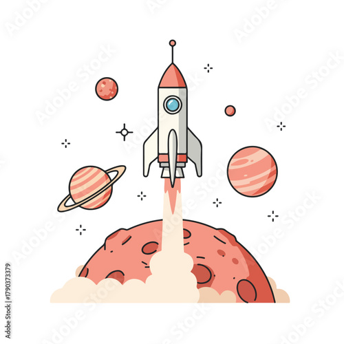 Visionary Space Launch: Conceptual Vector Illustration for Startup Innovation, Growth, and Achieving Future Goals