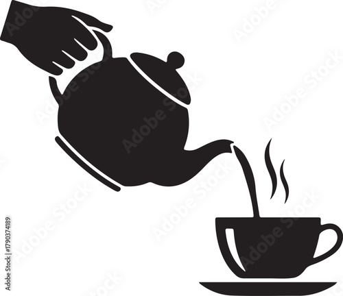 Hand pouring hot tea from a teapot into a steaming cup on a saucer, minimalist silhouette icon graphic illustration