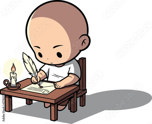Chibi character writing with quill pen by candlelight