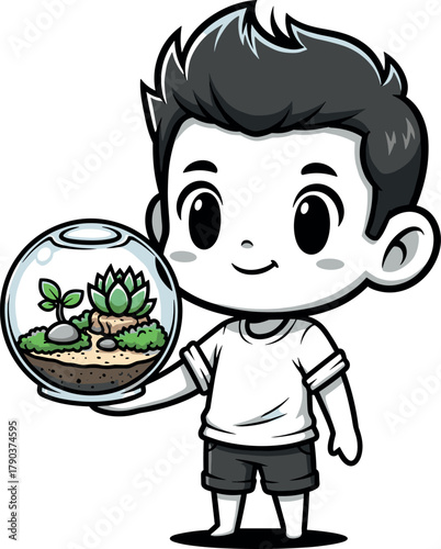 Cute boy holding a terrarium with succulent plants