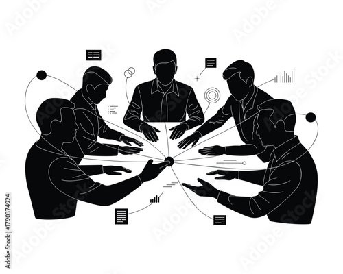 Silhouettes of business people collaborating around a circular table with digital network connections