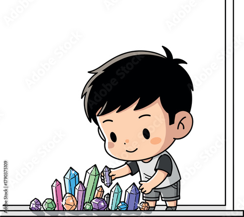 Cute boy collecting colorful crystals