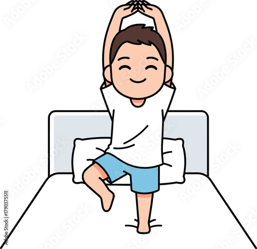 Happy boy doing yoga pose on bed