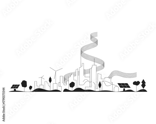 Abstract cityscape silhouette with musical notes flowing upwards like a symphony of nature and technology