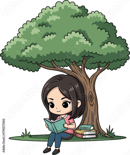 Cute girl reading a book under a tree
