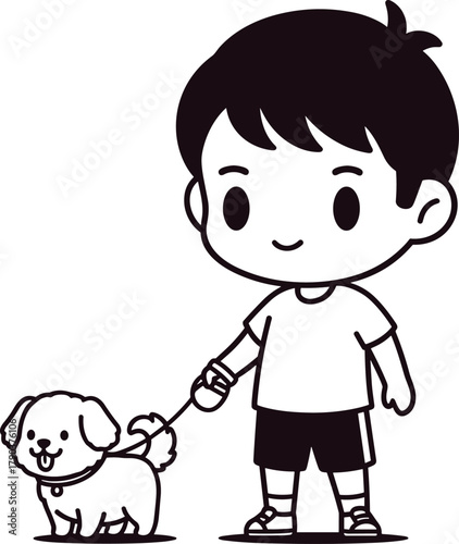 Cute cartoon boy walking his dog