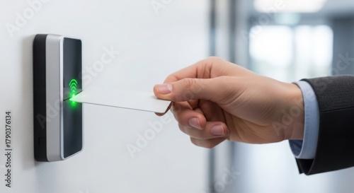 Access control card, seen with employee using access control card and green light indicator. Access control card allows entry, ensuring security and monitoring.