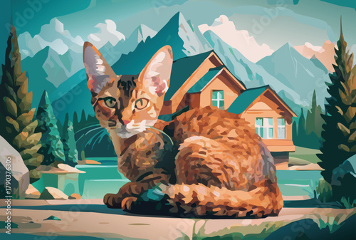 Abyssinian cat sitting in front of a house and mountain landscape, digital vector illustration