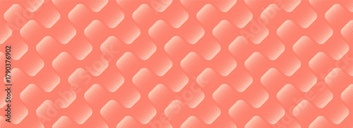 Vector abstract wide panoramic background in coral hues with rounded rhomb pattern. Psychedelic halftone flow evokes motion, depth and dynamic rhythm with soft grainy texture and retro modernist vibe