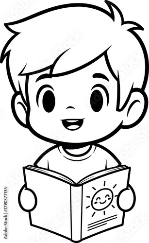 Cute boy reading a book with a sun drawing